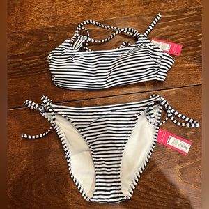 Swimsuit. Navy & White stripe criss-cross top. Small top, medium bottoms